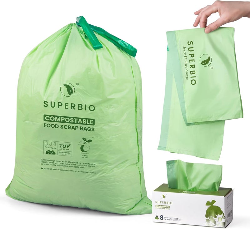 SuperBio 8 Gallon Compostable Drawstring Kitchen Waste Bags,30.3 Liter, 30 Count, 1 Mil,Heavy Duty Food Waste Bags, BPI, Seedling and OK compost INDUSTRIAL - Image 1